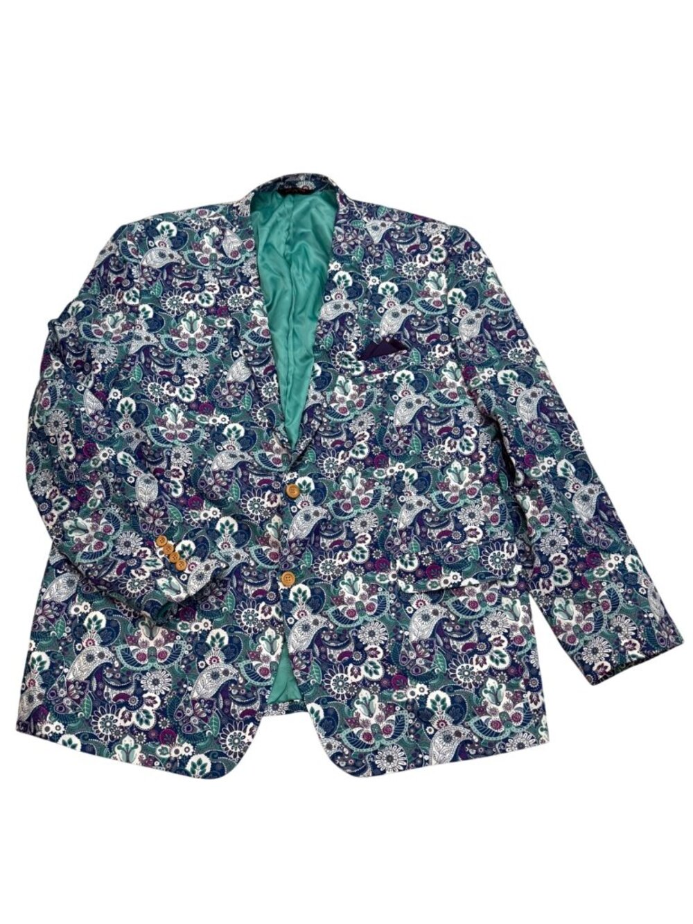 Mens Paisley Print Blazer With Teal Lining & Pocket Square Size 52 Bold Floral